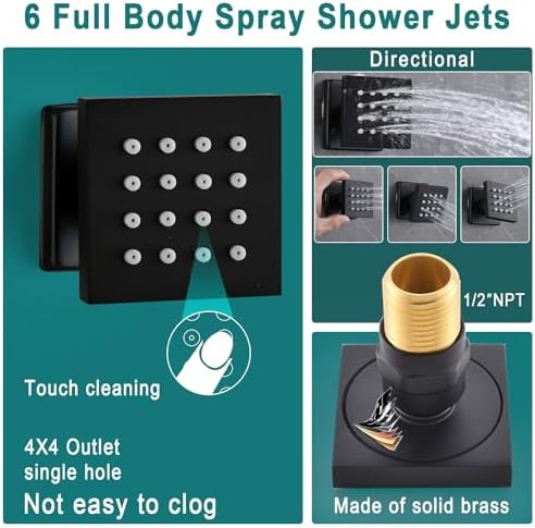 HOMEDEC LED Multi Functions Full Body Shower System with 6pcs Body Jets Spray with Up/Down  Shower Spout  Large 3 In 1 Functions 14x20inch Showerhead  Rainfall Mist Shower Faucet Set Complete  Black