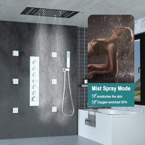 HOMEDEC LED Multi Functions Full Body Shower System with 6pcs Body Jets Spray with Up/Down  Shower Spout  Large 3 In 1 Functions 14x20inch Showerhead  Rainfall Mist Shower Faucet Set Complete  Black
