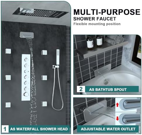 HOMEDEC LED Multi Functions Full Body Shower System with 6pcs Body Jets Spray with Up/Down  Shower Spout  Large 3 In 1 Functions 14x20inch Showerhead  Rainfall Mist Shower Faucet Set Complete  Black
