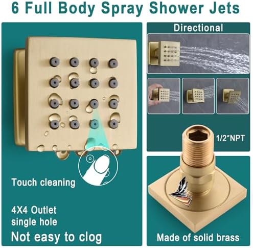 HOMEDEC LED Multi Functions Full Body Shower System with 6pcs Body Jets Spray with Up/Down  Shower Spout  Large 3 In 1 Functions 14x20inch Showerhead  Rainfall Mist Shower Faucet Set Complete  Black