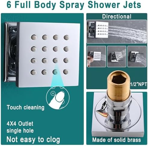 HOMEDEC LED Multi Functions Full Body Shower System with 6pcs Body Jets Spray with Up/Down  Shower Spout  Large 3 In 1 Functions 14x20inch Showerhead  Rainfall Mist Shower Faucet Set Complete  Black