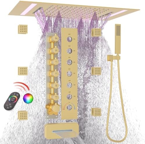 HOMEDEC LED Multi Functions Full Body Shower System with 6pcs Body Jets Spray with Up/Down  Shower Spout  Large 3 In 1 Functions 14x20inch Showerhead  Rainfall Mist Shower Faucet Set Complete  Black