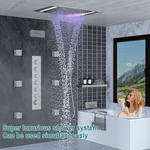 HOMEDEC LED Multi Functions Full Body Shower System with 6pcs Body Jets Spray with Up/Down  Shower Spout  Large 3 In 1 Functions 14x20inch Showerhead  Rainfall Mist Shower Faucet Set Complete  Black