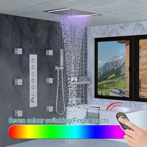 HOMEDEC LED Multi Functions Full Body Shower System with 6pcs Body Jets Spray with Up/Down  Shower Spout  Large 3 In 1 Functions 14x20inch Showerhead  Rainfall Mist Shower Faucet Set Complete  Black