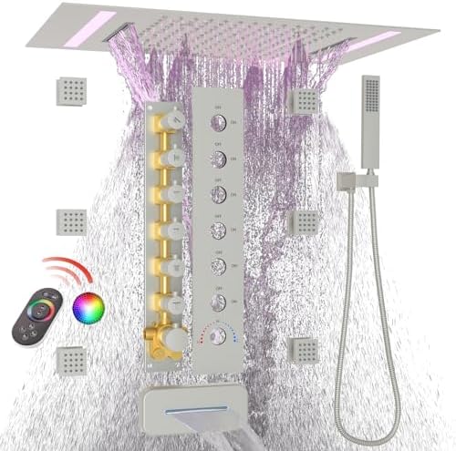 HOMEDEC LED Multi Functions Full Body Shower System with 6pcs Body Jets Spray with Up/Down  Shower Spout  Large 3 In 1 Functions 14x20inch Showerhead  Rainfall Mist Shower Faucet Set Complete  Black