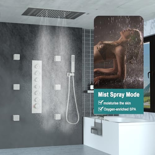 HOMEDEC LED Multi Functions Full Body Shower System with 6pcs Body Jets Spray with Up/Down  Shower Spout  Large 3 In 1 Functions 14x20inch Showerhead  Rainfall Mist Shower Faucet Set Complete  Black