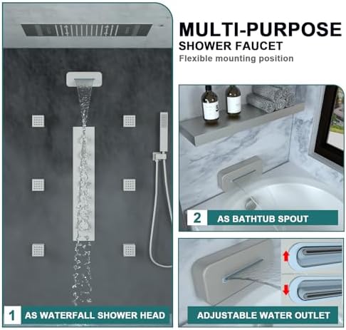 HOMEDEC LED Multi Functions Full Body Shower System with 6pcs Body Jets Spray with Up/Down  Shower Spout  Large 3 In 1 Functions 14x20inch Showerhead  Rainfall Mist Shower Faucet Set Complete  Black