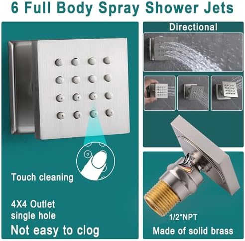 HOMEDEC LED Multi Functions Full Body Shower System with 6pcs Body Jets Spray with Up/Down  Shower Spout  Large 3 In 1 Functions 14x20inch Showerhead  Rainfall Mist Shower Faucet Set Complete  Black