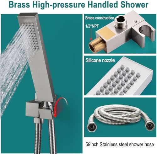 HOMEDEC LED Multi Functions Full Body Shower System with 6pcs Body Jets Spray with Up/Down  Shower Spout  Large 3 In 1 Functions 14x20inch Showerhead  Rainfall Mist Shower Faucet Set Complete  Black