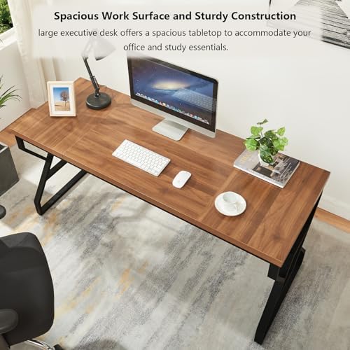HOMISSUE 63 inch Executive Desk  Large Home Office Desk with Engineered Wood Tabletop and Metal Frame  Rustic Writing Desks with Sturdy Structure  Computer Desks for Home Office  Study Room Brown