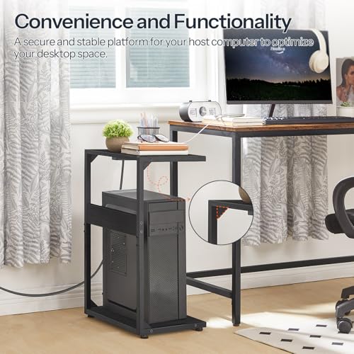 HOOBRO Soporte de torre para computadora, soporte de PC con estación de carga, soporte de CPU de 2 niveles debajo del escritorio con ruedas bloqueables, carrito de piso de PC se adapta a la mayoría de