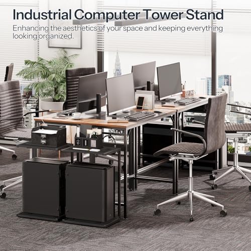 HOOBRO Soporte de torre para computadora, soporte de PC con estación de carga, soporte de CPU de 2 niveles debajo del escritorio con ruedas bloqueables, carrito de piso de PC se adapta a la mayoría de