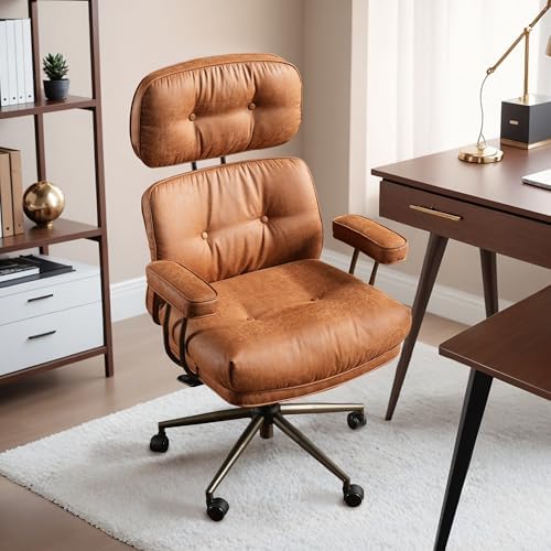 HOOOWOOO Mid Century Modern Ergonomic Office Chair  Extra Wide Comfy Executive Chair with Lumbar Support  Suede Leather Light Brown