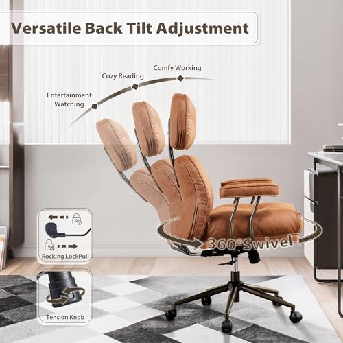 HOOOWOOO Mid Century Modern Ergonomic Office Chair  Extra Wide Comfy Executive Chair with Lumbar Support  Suede Leather Light Brown