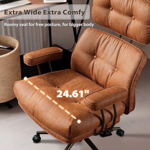 HOOOWOOO Mid Century Modern Ergonomic Office Chair  Extra Wide Comfy Executive Chair with Lumbar Support  Suede Leather Light Brown
