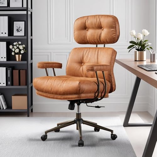 HOOOWOOO Mid Century Modern Ergonomic Office Chair  Extra Wide Comfy Executive Chair with Lumbar Support  Suede Leather Light Brown