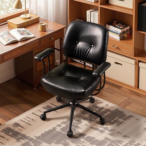 HOOOWOOO Mid Century Modern Ergonomic Office Chair  Extra Wide Comfy Executive Chair with Lumbar Support  Suede Leather Light Brown