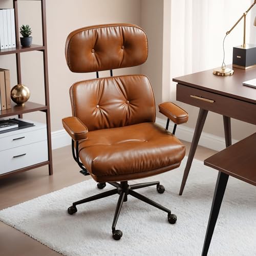 HOOOWOOO Mid Century Modern Ergonomic Office Chair  Extra Wide Comfy Executive Chair with Lumbar Support  Suede Leather Light Brown