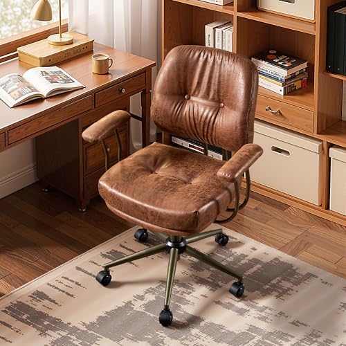 HOOOWOOO Mid Century Modern Ergonomic Office Chair  Extra Wide Comfy Executive Chair with Lumbar Support  Suede Leather Light Brown