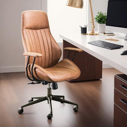 HOOOWOOO Mid Century Modern Ergonomic Office Chair  Extra Wide Comfy Executive Chair with Lumbar Support  Suede Leather Light Brown