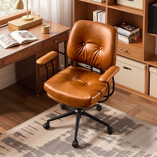 HOOOWOOO Mid Century Modern Ergonomic Office Chair  Extra Wide Comfy Executive Chair with Lumbar Support  Suede Leather Light Brown