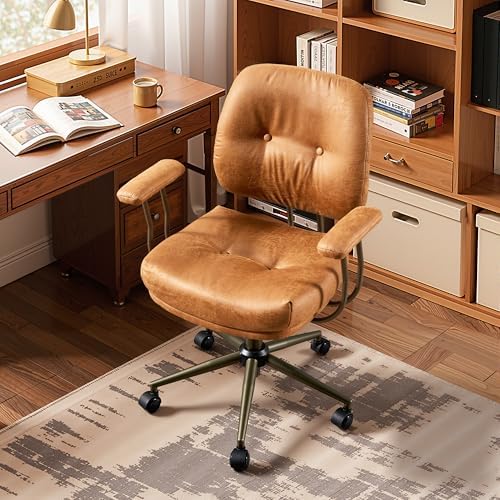 HOOOWOOO Mid Century Modern Ergonomic Office Chair  Extra Wide Comfy Executive Chair with Lumbar Support  Suede Leather Light Brown
