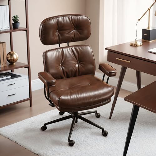 HOOOWOOO Mid Century Modern Ergonomic Office Chair  Extra Wide Comfy Executive Chair with Lumbar Support  Suede Leather Light Brown