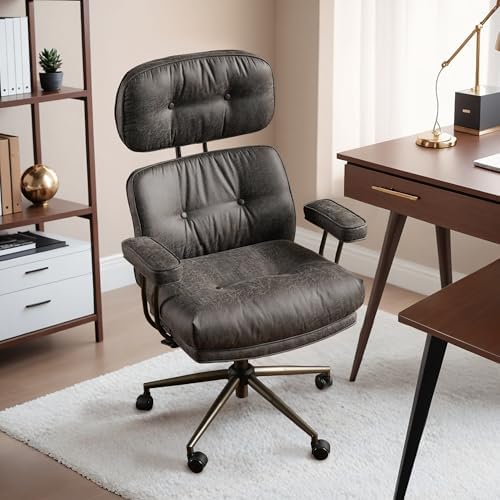 HOOOWOOO Mid Century Modern Ergonomic Office Chair  Extra Wide Comfy Executive Chair with Lumbar Support  Suede Leather Light Brown