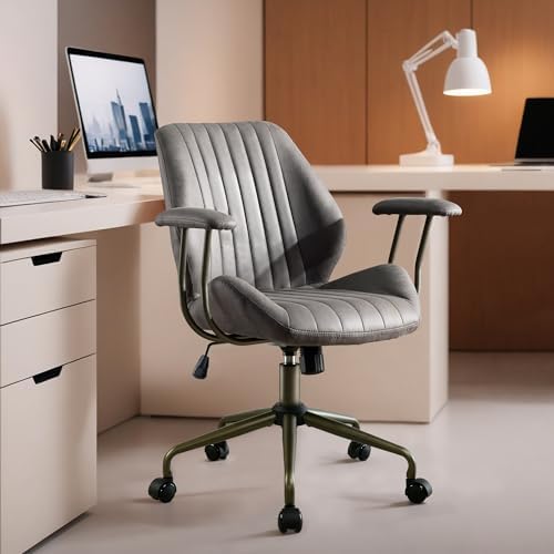 HOOOWOOO Mid Century Modern Ergonomic Office Chair  Extra Wide Comfy Executive Chair with Lumbar Support  Suede Leather Light Brown