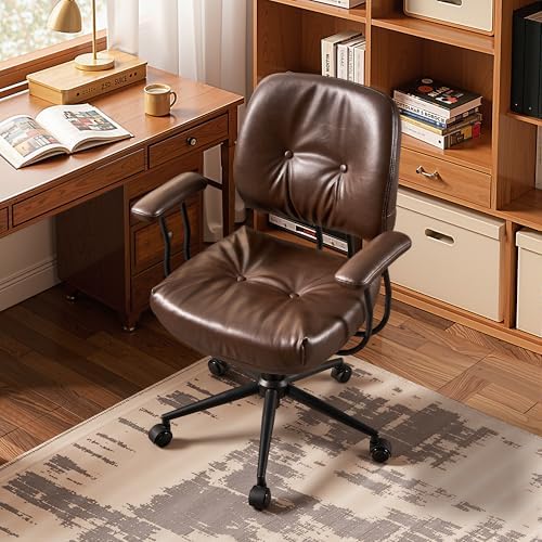 HOOOWOOO Mid Century Modern Ergonomic Office Chair  Extra Wide Comfy Executive Chair with Lumbar Support  Suede Leather Light Brown