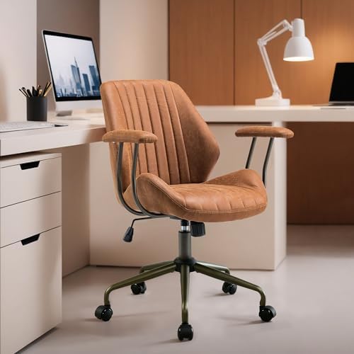 HOOOWOOO Mid Century Modern Ergonomic Office Chair  Extra Wide Comfy Executive Chair with Lumbar Support  Suede Leather Light Brown