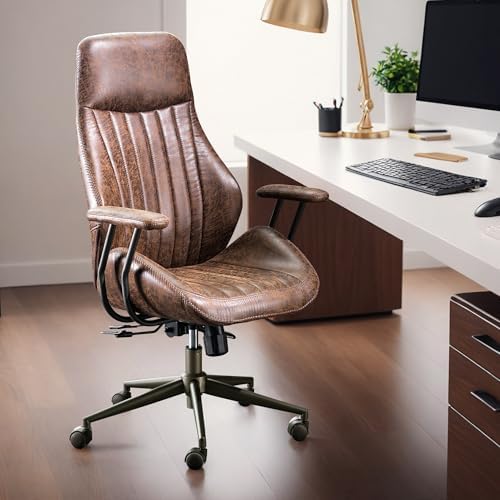 HOOOWOOO Mid Century Modern Ergonomic Office Chair  Extra Wide Comfy Executive Chair with Lumbar Support  Suede Leather Light Brown