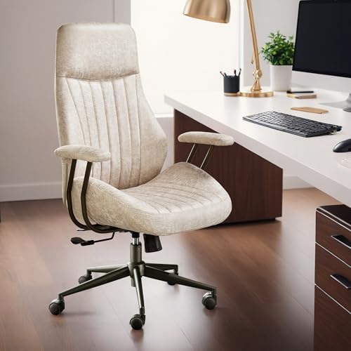 HOOOWOOO Mid Century Modern Ergonomic Office Chair  Extra Wide Comfy Executive Chair with Lumbar Support  Suede Leather Light Brown