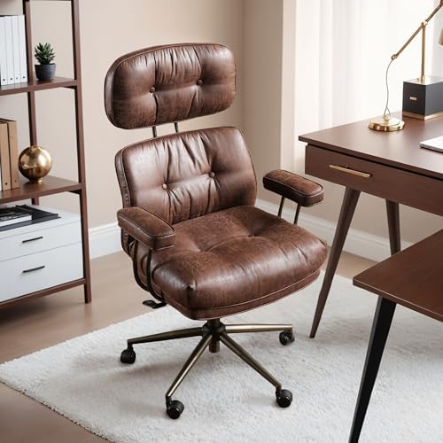 HOOOWOOO Mid Century Modern Ergonomic Office Chair  Extra Wide Comfy Executive Chair with Lumbar Support  Suede Leather Light Brown