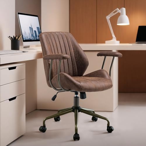 HOOOWOOO Mid Century Modern Ergonomic Office Chair  Extra Wide Comfy Executive Chair with Lumbar Support  Suede Leather Light Brown