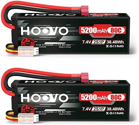 HOOVO 2S 7 4V 5200mAh 80C RC LiPo Battery Hard Case with T Connector for RC Buggy Vehicles Car Boat Truck  2 Pack