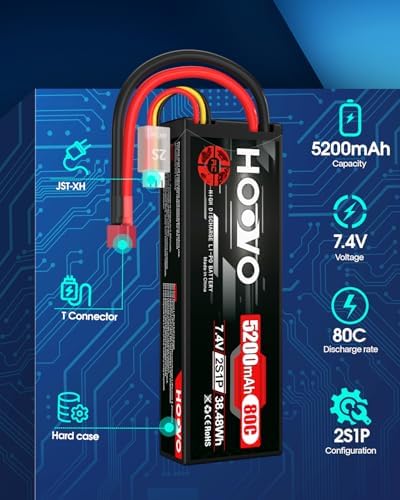 HOOVO 2S 7 4V 5200mAh 80C RC LiPo Battery Hard Case with T Connector for RC Buggy Vehicles Car Boat Truck  2 Pack