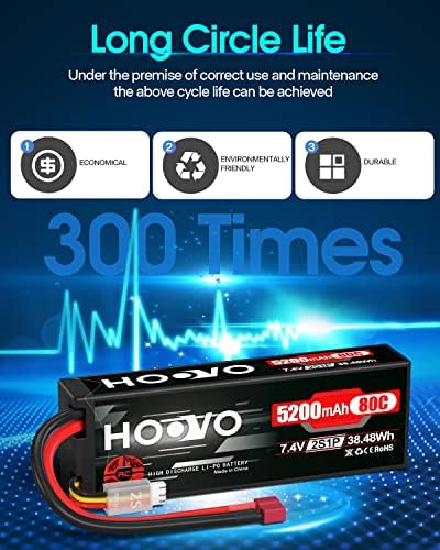 HOOVO 2S 7 4V 5200mAh 80C RC LiPo Battery Hard Case with T Connector for RC Buggy Vehicles Car Boat Truck  2 Pack