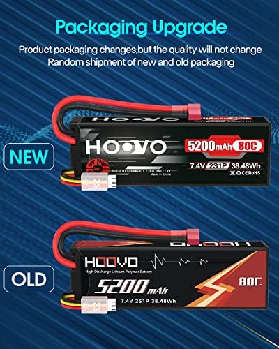 HOOVO 2S 7 4V 5200mAh 80C RC LiPo Battery Hard Case with T Connector for RC Buggy Vehicles Car Boat Truck  2 Pack