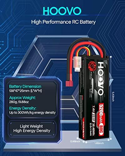 HOOVO 2S 7 4V 80C 5200mAh LiPo Battery Pack Hard Case with T Plug Connector for RC Buggy Vehicles Car Boats Trucks Duratrax