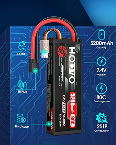 HOOVO 7 4V 80C 5200mAh 2S Lipo Battery with TR Plug Hard Case for RC Car Truck Truggy Buggy Tank RC Airplane Helicopter Boat Car Racing