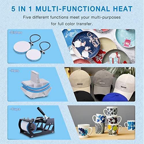 HORGELU Upgraded 5 in 1 Heat Press Machine 15x15 Inch Heat Transfer Machine 360 Degree Swing Away Multifunction Digital Sublimation Combo Heat Press for T Shirt Mug Hat Plate for Commercial Home 110V