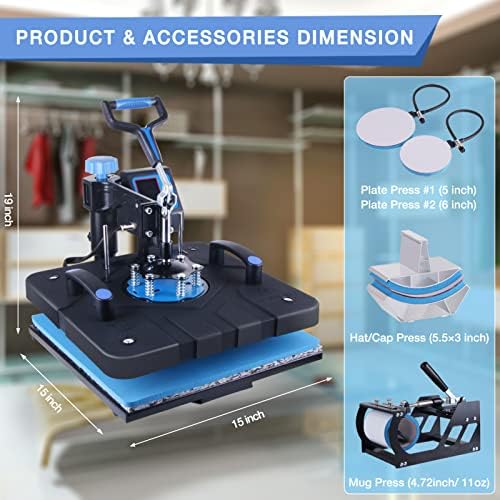 HORGELU Upgraded 5 in 1 Heat Press Machine 15x15 Inch Heat Transfer Machine 360 Degree Swing Away Multifunction Digital Sublimation Combo Heat Press for T Shirt Mug Hat Plate for Commercial Home 110V
