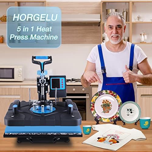 HORGELU Upgraded 5 in 1 Heat Press Machine 15x15 Inch Heat Transfer Machine 360 Degree Swing Away Multifunction Digital Sublimation Combo Heat Press for T Shirt Mug Hat Plate for Commercial Home 110V