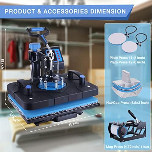 HORGELU Upgraded 5 in 1 Heat Press Machine 15x15 Inch Heat Transfer Machine 360 Degree Swing Away Multifunction Digital Sublimation Combo Heat Press for T Shirt Mug Hat Plate for Commercial Home 110V