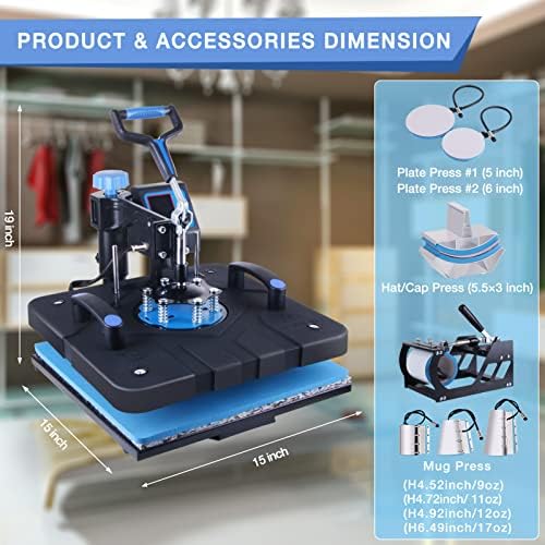 HORGELU Upgraded 5 in 1 Heat Press Machine 15x15 Inch Heat Transfer Machine 360 Degree Swing Away Multifunction Digital Sublimation Combo Heat Press for T Shirt Mug Hat Plate for Commercial Home 110V
