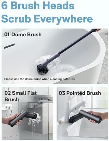 HOTO Cordless Electric Spin Scrubber  IPX7 Full Body Waterproof Bathroom Cleaning Brush  Max 22 in lb  Shower Scrubber Brush with Long Handle  6 Brush Heads  Power Scrubber for Bathroom  Floor  Tile