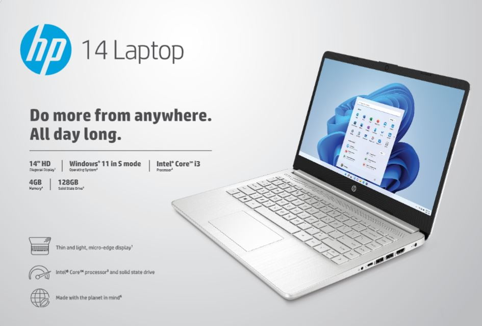 HP 14" Laptop  Intel Core i3 1115G4  4GB RAM  128G SSD  Natural Silver  Windows 11 Home in S mode  14 dq2031wm