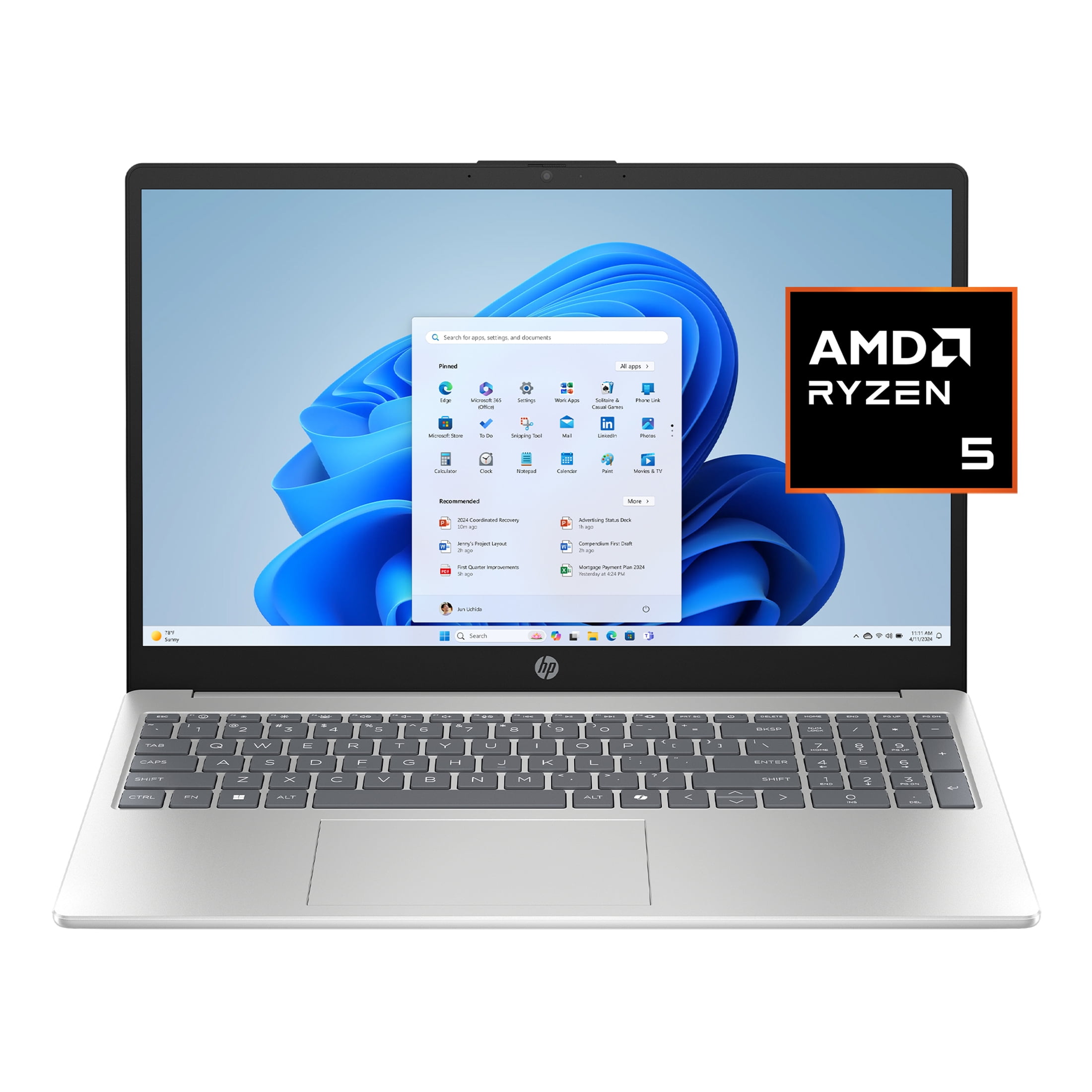 HP 15 6 inch FHD IPS Touch Windows Laptop AMD Ryzen 5 7520U 8GB 1TB SSD Natural Silver