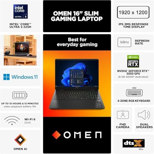HP OMEN 16 Slim Gaming Laptop  Intel Core Ultra 5 225H  Nvidia RTX 5050  165Hz Display  Window 11  W/Mouse pad  16GB RAM   1TB PCIe SSD  Window 11 Home 